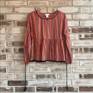 Amaryllis Long Sleeve Striped Pom Pom Peplum Blouse Size Small